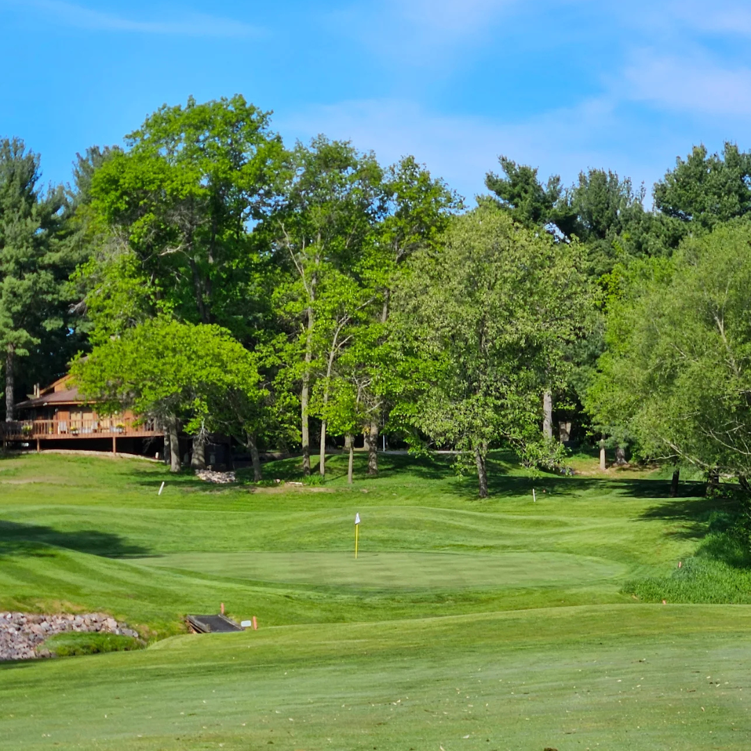 Lush green golf course with trees.